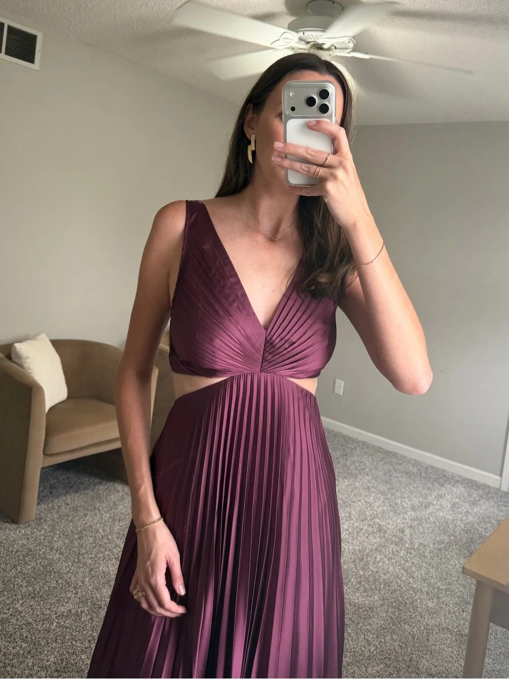 Abercrombie & Fitch Burgundy V-Neck Pleated Maxi Dress